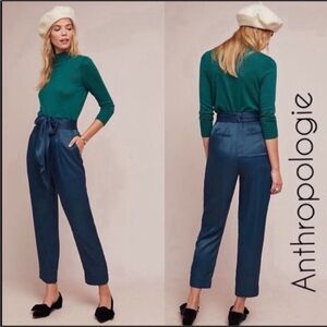 Anthropologie Dark Turquoise Satin Tie Waist Pants Size 10 NWT